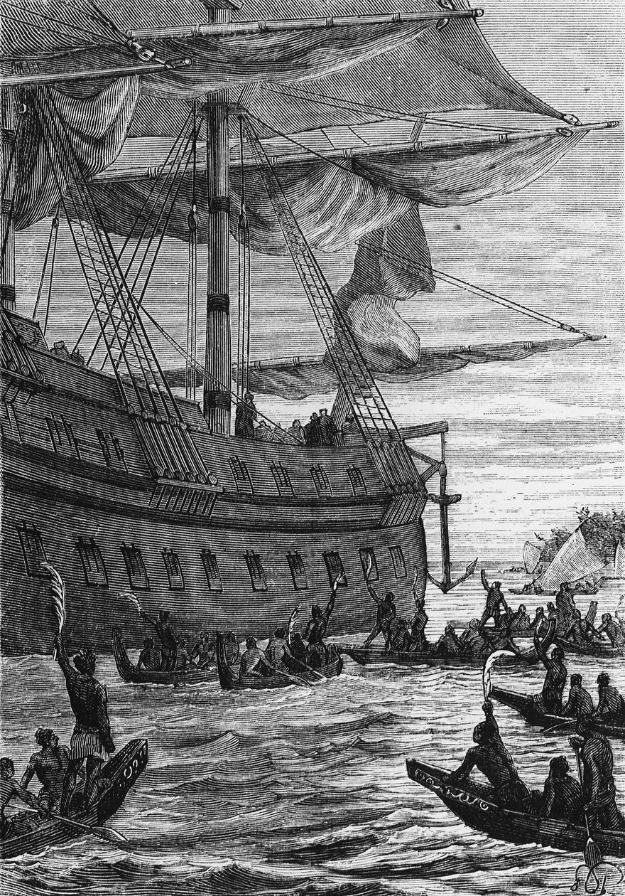 India felfedezése: Wallis utazása a Csendes-óceánon; A bennszülöttek találkozni fognak a Colonokkal – Jules Verne „Les Voyageurs du 18eme et 19eme ecle” című könyvében, szerk. Hetzel et Cie, Párizs. alkotó: Unknown artist