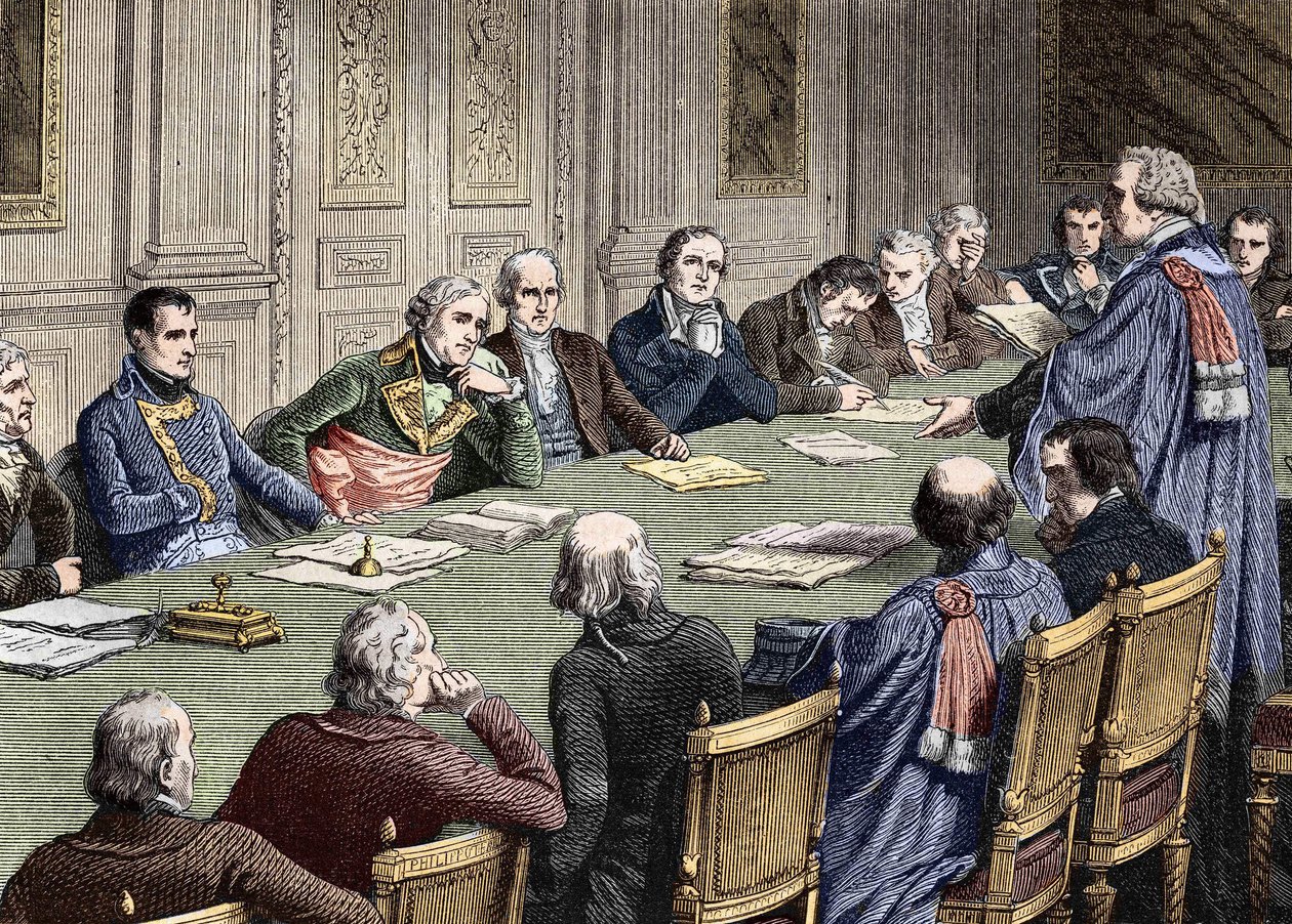 A Polgári Törvénykönyv megvitatása az Államtanácsban (1800-1804), az első konzul, Bonaparte Napóleon elnöklete alatt baloldali Jean Jacques Regis de Cambaceres. századi metszet. alkotó: Unknown artist