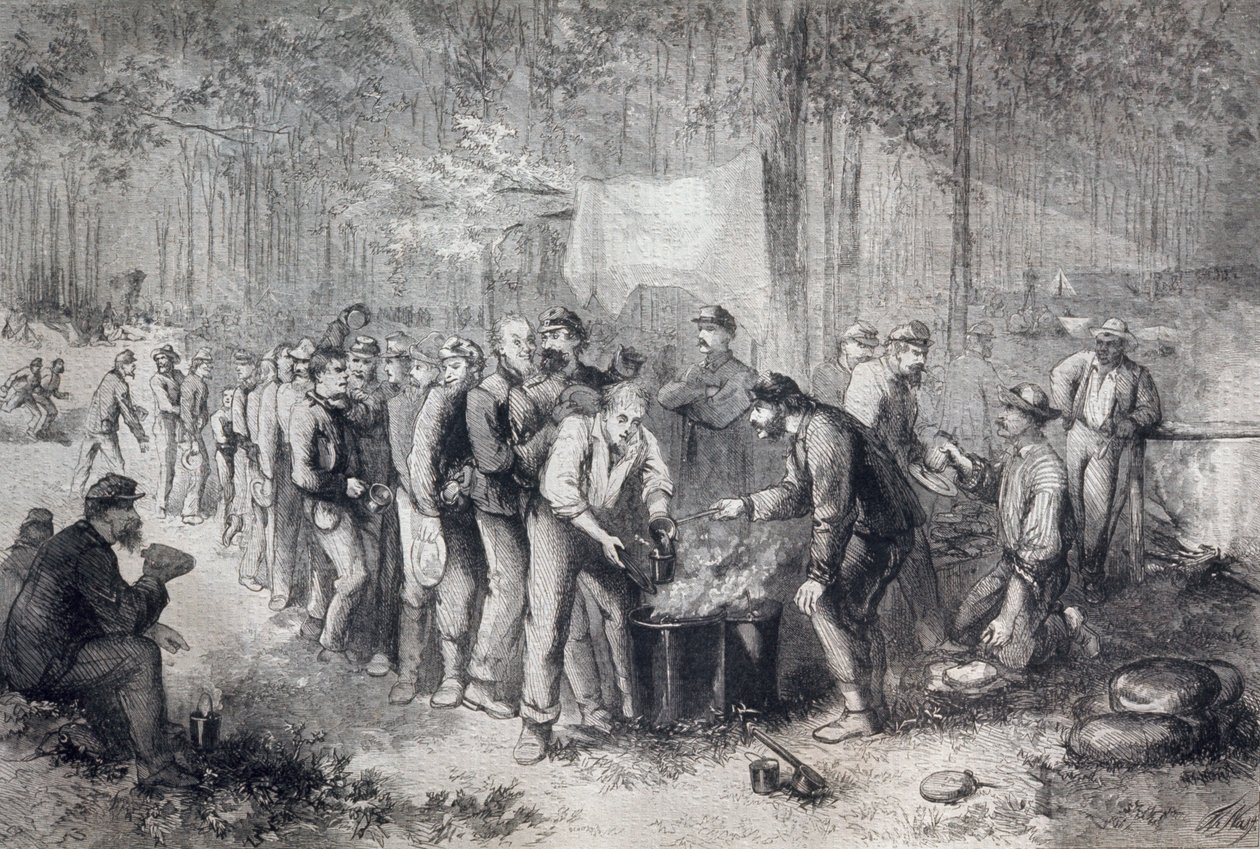 Adagok kiosztása észak-amerikai katonai egységnek, Amerikai Egyesült Államok, amerikai polgárháború, metszet alkotó: Unknown artist