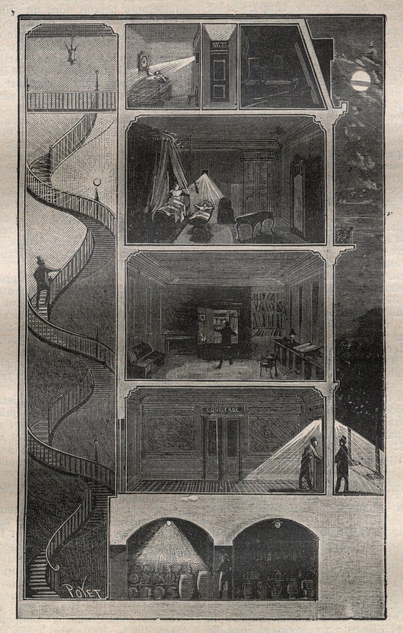 Háztartási villany: elektromos árammal ellátott épület keresztmetszete – „La Science francaise” metszet” alkotó: Unknown artist