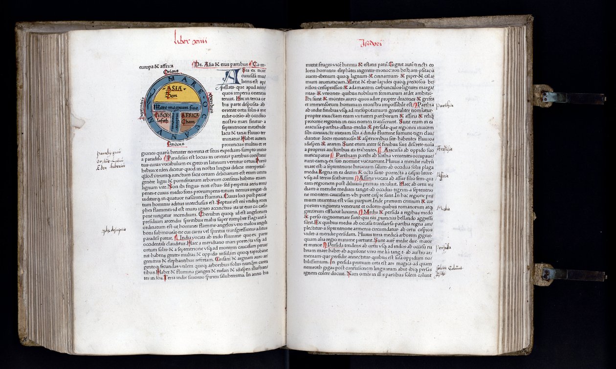 Dupla oldal a világ sematikus térképével a T-O (TO) modellen, három kontinenst ábrázol (Ázsia, Afrika és Európa). Isidorus (Isidore of Sevilla) „” Ethymologies”” (Etymologiae) kézirata (560/570-636) XII. század. 1472 alkotó: Unknown artist