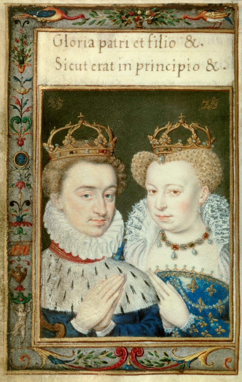 Henrik francia király (1553-1610) és Marguerite de Valois (1553-1615) kettős portréja, akit Margot királynőként ismernek. Miniatűr Catherine de Medicis órakönyvéből (Caterina de Medici) alkotó: Unknown artist