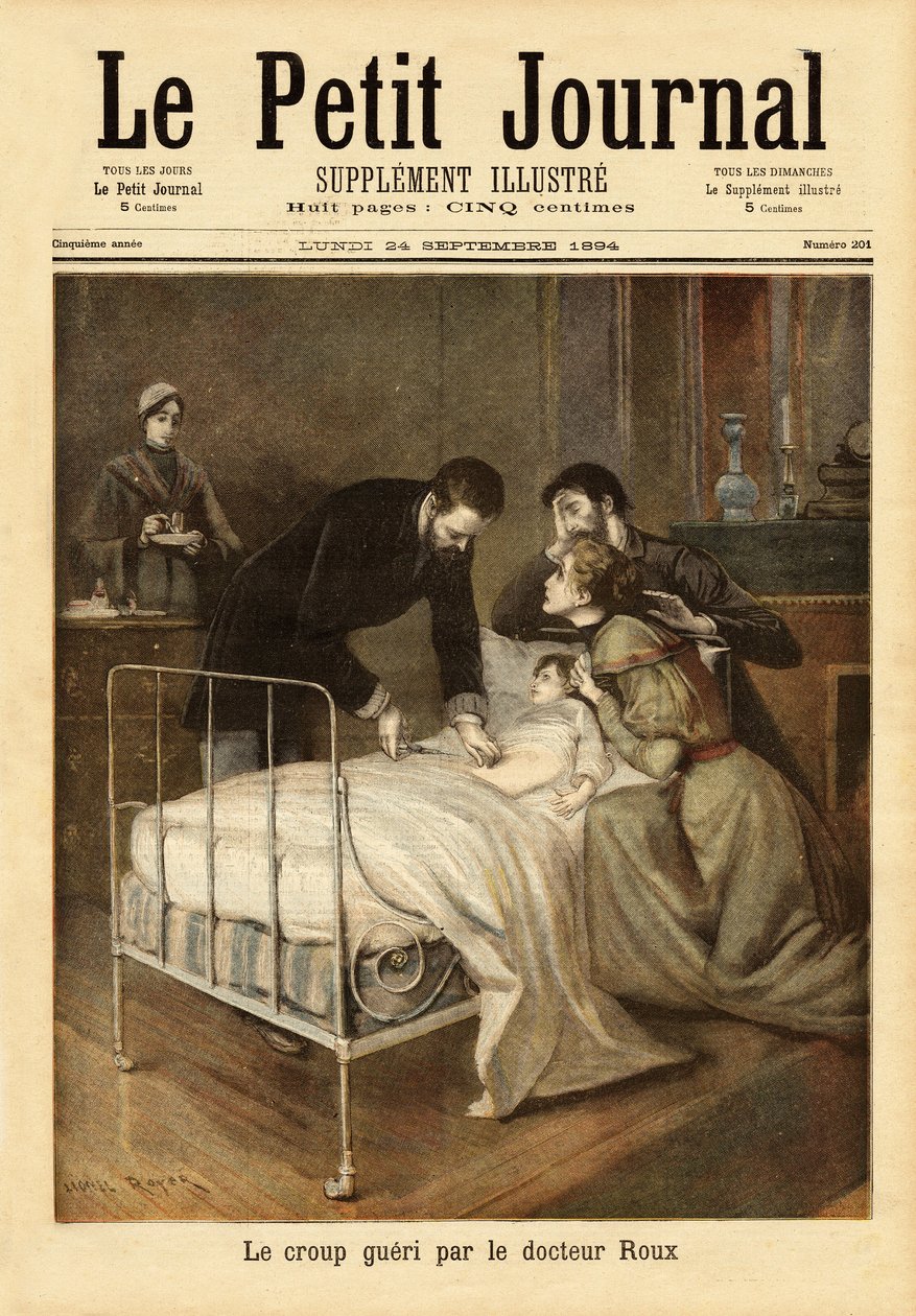 Dr. Emile Roux (1853-1933), bakteriológus, Louis Pasteur (1822-1895) munkatársa, aki a krupp (gyermekkori kanyaró szövődménye) elleni vakcinát fejlesztette ki. Metszet a „” Le petit Journal”-ban 1894.09.24. Selva gyűjteménye. alkotó: Unknown artist