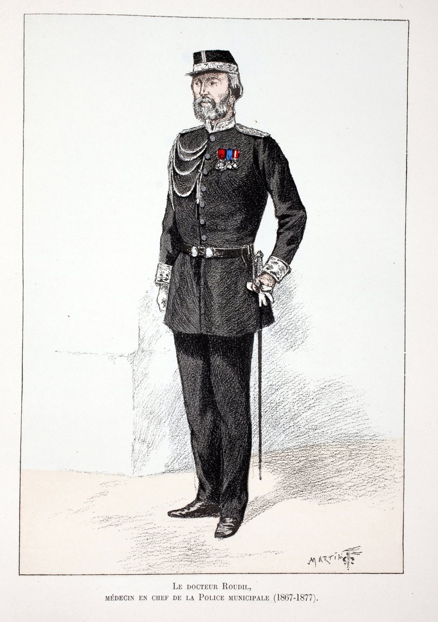Dr. Roudil, a városi rendőrség főorvosa (1867-1877). Színes rézkarc, illusztrációként „A békefenntartók hadtestének története”” című könyv Louis Lepine (1846-1933) Szajna menti rendőrprefektus gondozásában jelent meg, A. alkotó: Unknown artist
