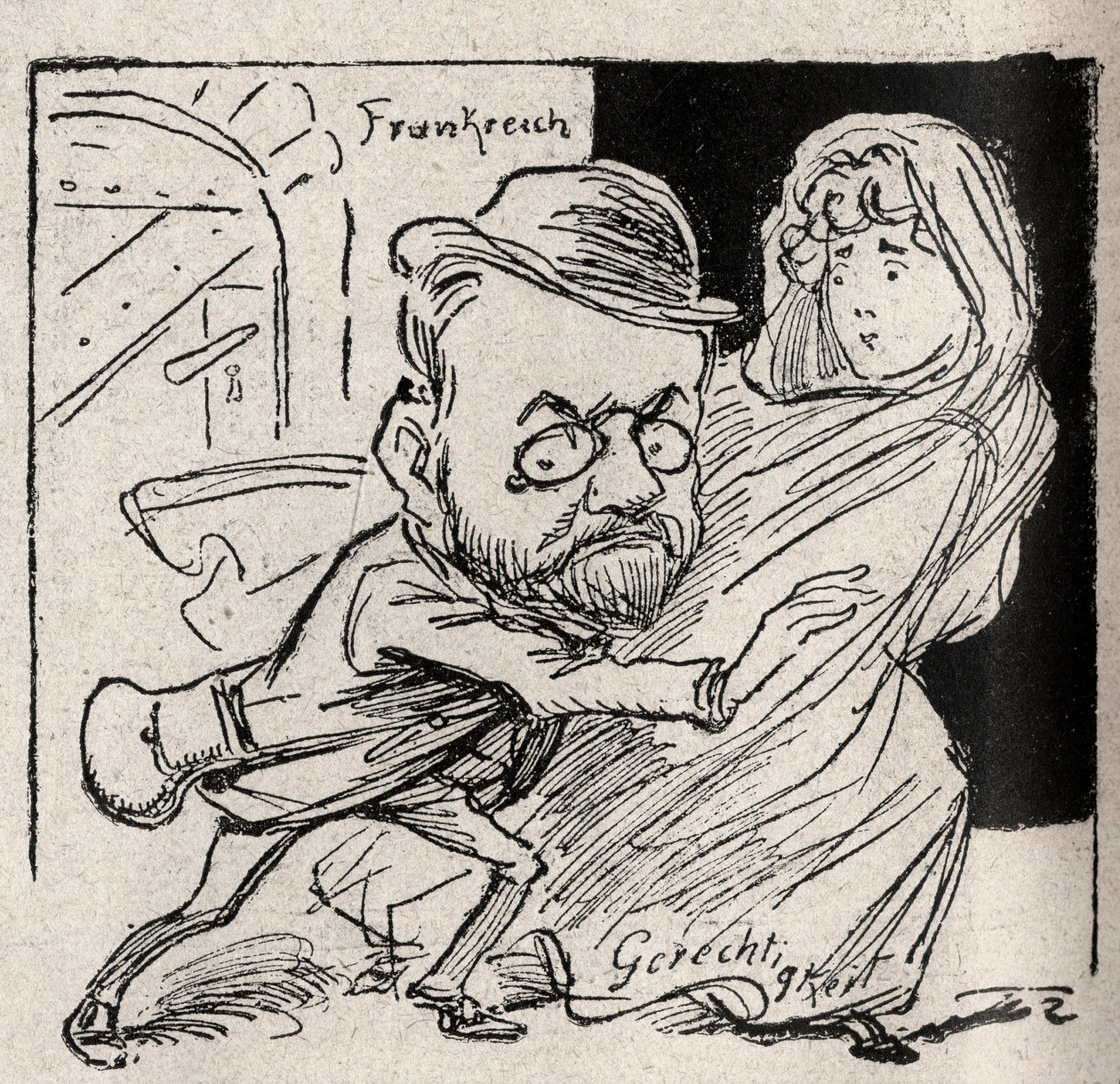 Dreyfus-ügy – Emile Zolának igazságszolgáltatása van: jöjjön velem, kincstársam, itt már nem akarunk hallani minket – A „Der Floh” osztrák újságban 1898-ban megjelent rajz (a Le Rire-ben reprodukálva alkotó: Unknown artist