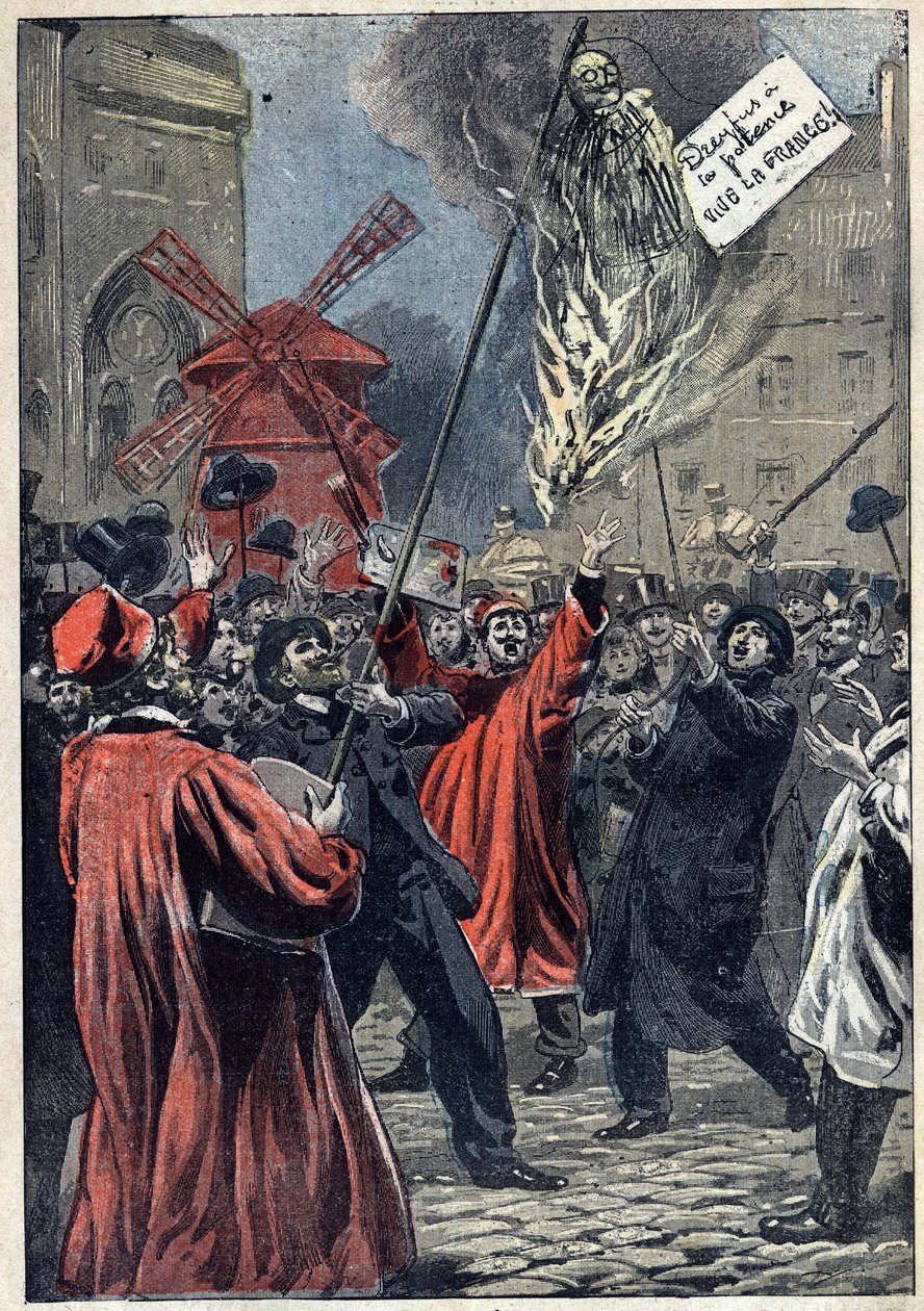 Dreyfus-ügy – Párizs – 1898: antiszemita megnyilvánulás a Montmartre-ban. Martin Dreyfus, Alfred bátyjának képmása brulee van a téren, nyakában egy tábla lóg: „Dreyfusnál van az akasztófa. Éljen Franciaország!" Illusztráció a „Le Pelerin” című könyvben, J alkotó: Unknown artist