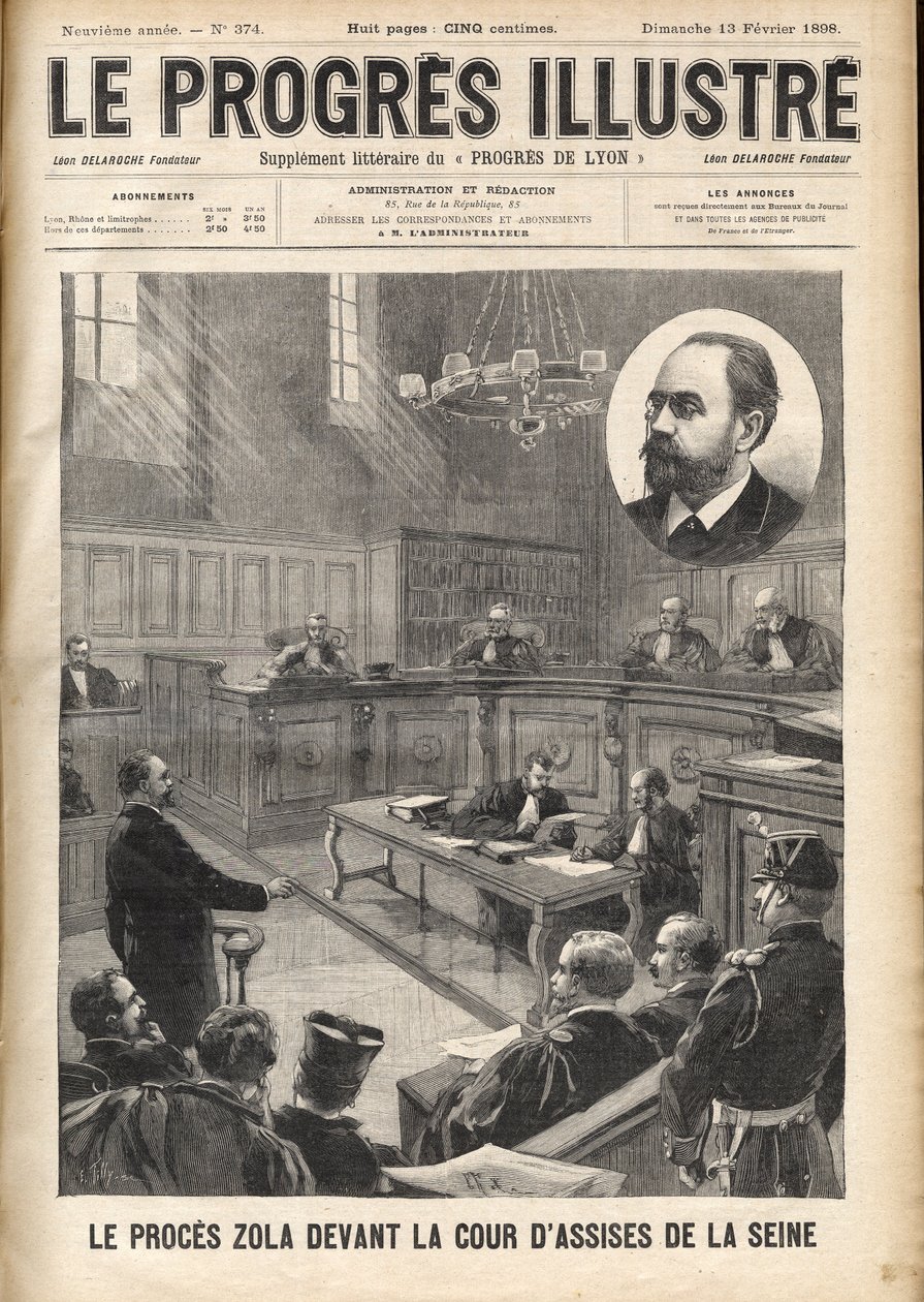 Dreyfus-ügy: Emile Zola (1840-1902) a Szajna-bíróságon Alfred Dreyfus tárgyalására alkotó: Unknown artist