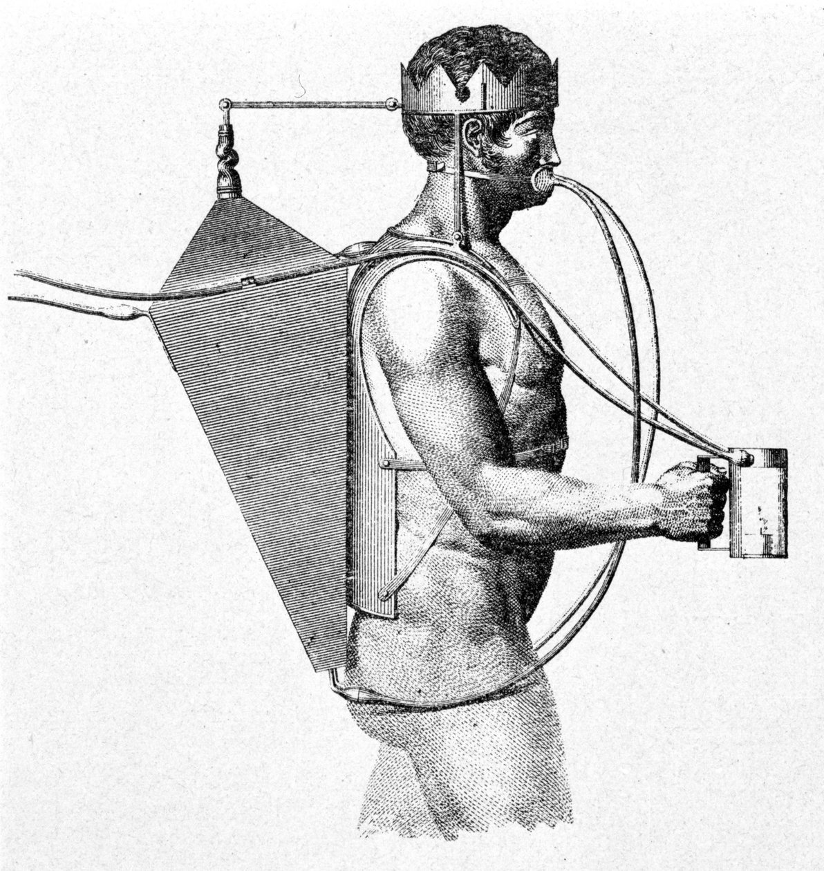 Drieberg 1802-es scaphandre projektje, a triton néven ismert. A levegő egyenesen a férfi szájába áramlik. alkotó: Unknown artist