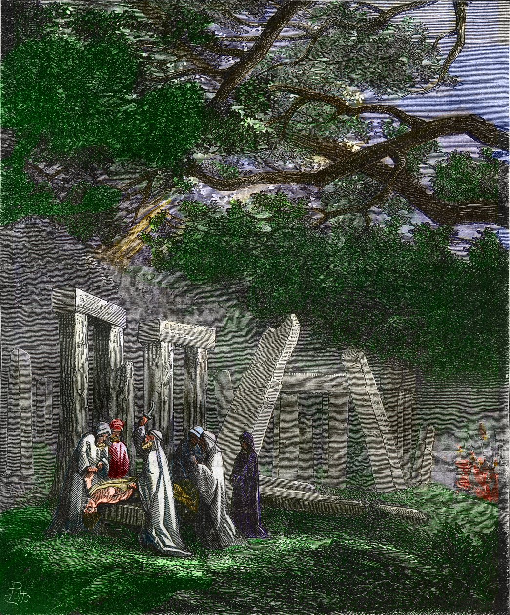 Emberáldozatot bemutató druidák Stonehenge-ben, akiket római katonák állítottak meg - Emberáldozatot bemutató druidák Stonehenge-ben, akiket római katonák állítottak meg a szertartás közben - Színező metszet a 19. századból. alkotó: Unknown artist