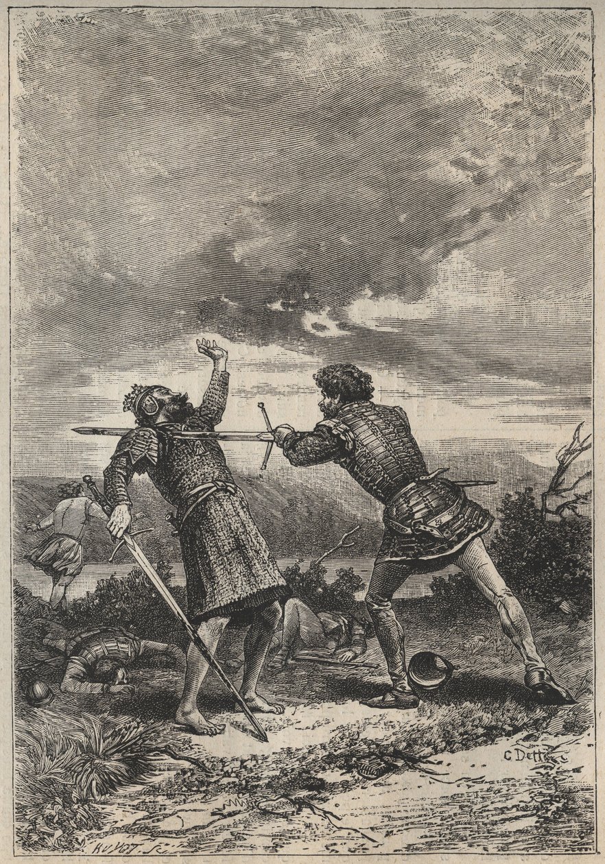 Oak Torquil párbaja és halála – 19. századi illusztráció Walter Scott (1771-1832) „A perthi csinos lány vagy Valentin-nap (St. Valentine