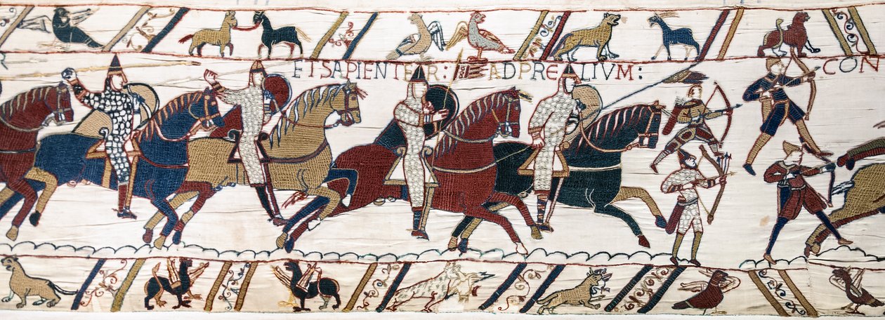Vilmos herceg arra ösztönzi csapatait, hogy készüljenek fel az angol hadsereg elleni csatára, Bayeux Tapestry (gyapjú hímzés vászonra) alkotó: Unknown artist