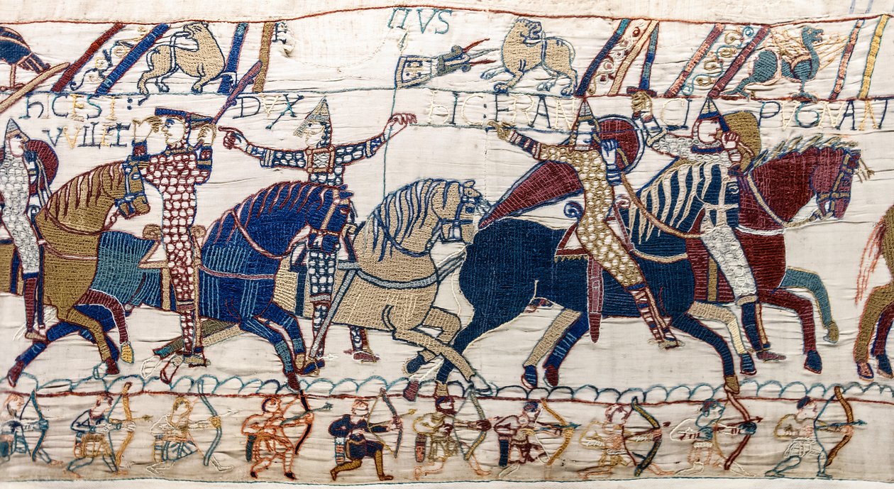 Vilmos herceg arcát mutatja seregének, Bayeux Tapestry (gyapjú hímzés vászonra) alkotó: Unknown artist