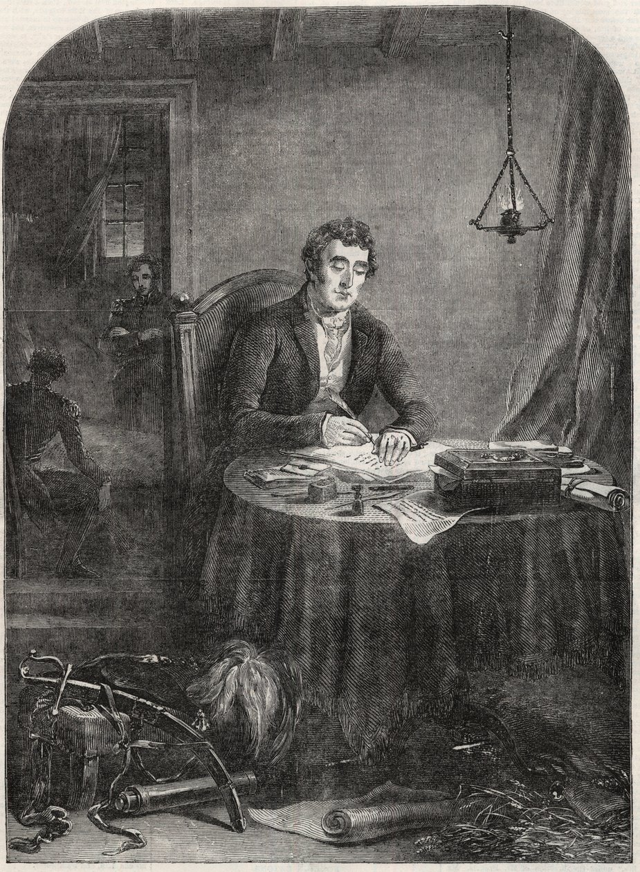 Wellington hercege (Arthur Wellesley (1769-1852) Wellington hercege) írásbeli feladása Waterloo után, 1815. június 19. - metszet 1852 alkotó: Unknown artist