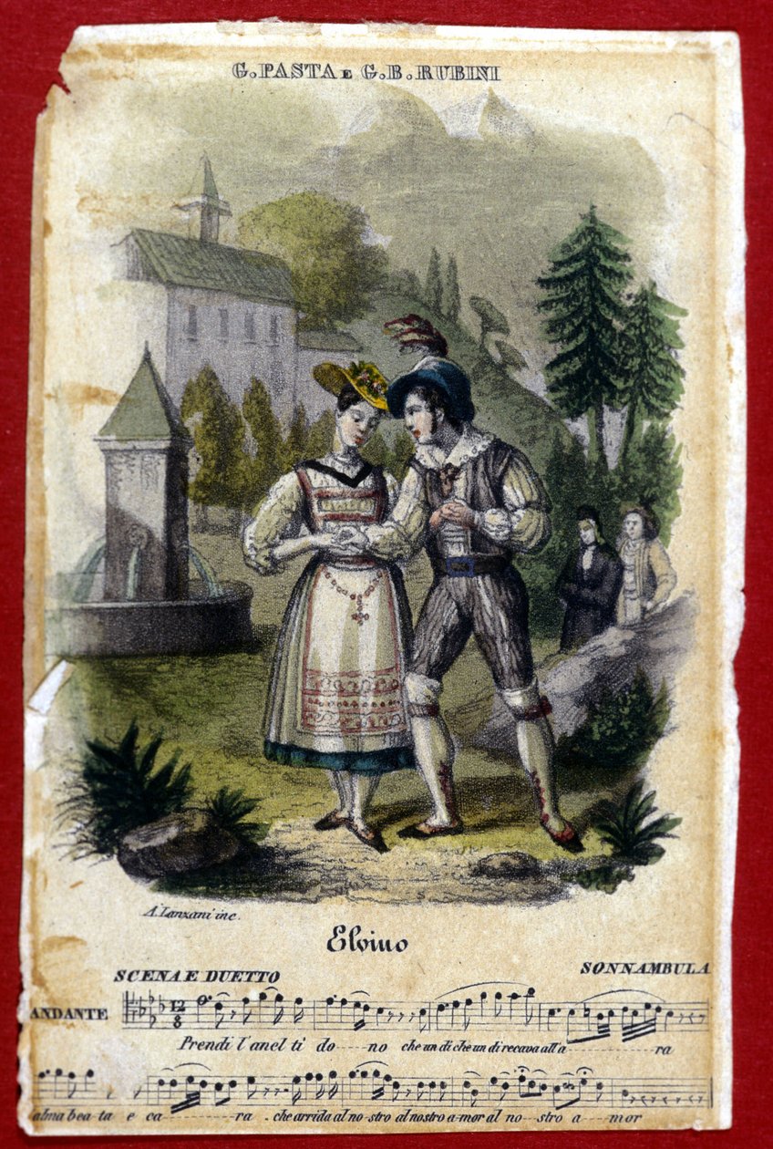 Giuditta Pasta és Gian Battista Rubini duó Vincenzo Bellini „La somnambule” („La Sonnambula”) című operájában. A milánói színház Carcano. 1831. alkotó: Unknown artist