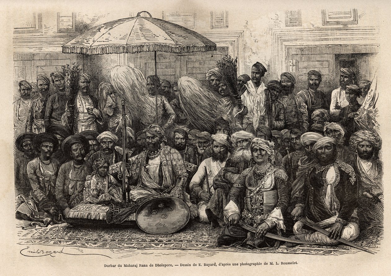 Durbar (egy hercegi állam feodális és jogi tanácsa) Maharaja Rana-ból, Dholepore királyságából (Rajasthan). Engravure pour illustrrer l