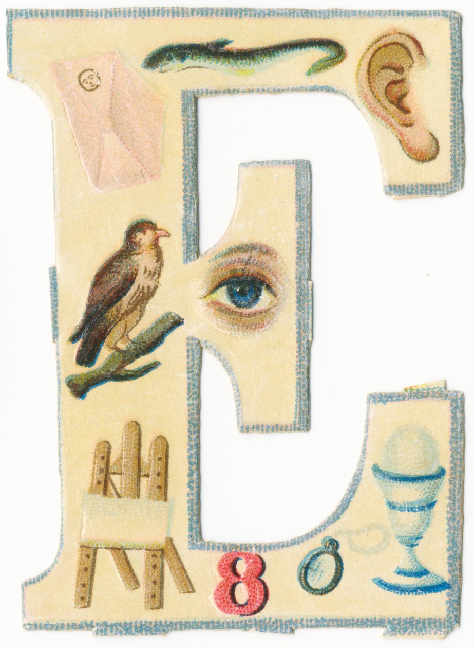 E: boríték, angolna, fül, sas, szem, festőállvány, nyolcas, szemüveg, tojás (színes litográfia) alkotó: Unknown artist