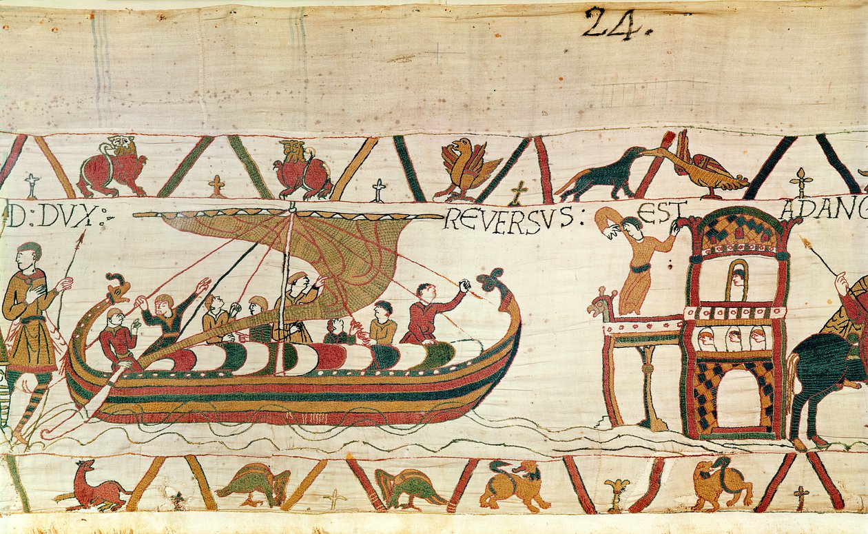 Earl Harold visszatér Angliába, Bayeux Tapestry (gyapjú hímzés vászonra) alkotó: Unknown artist