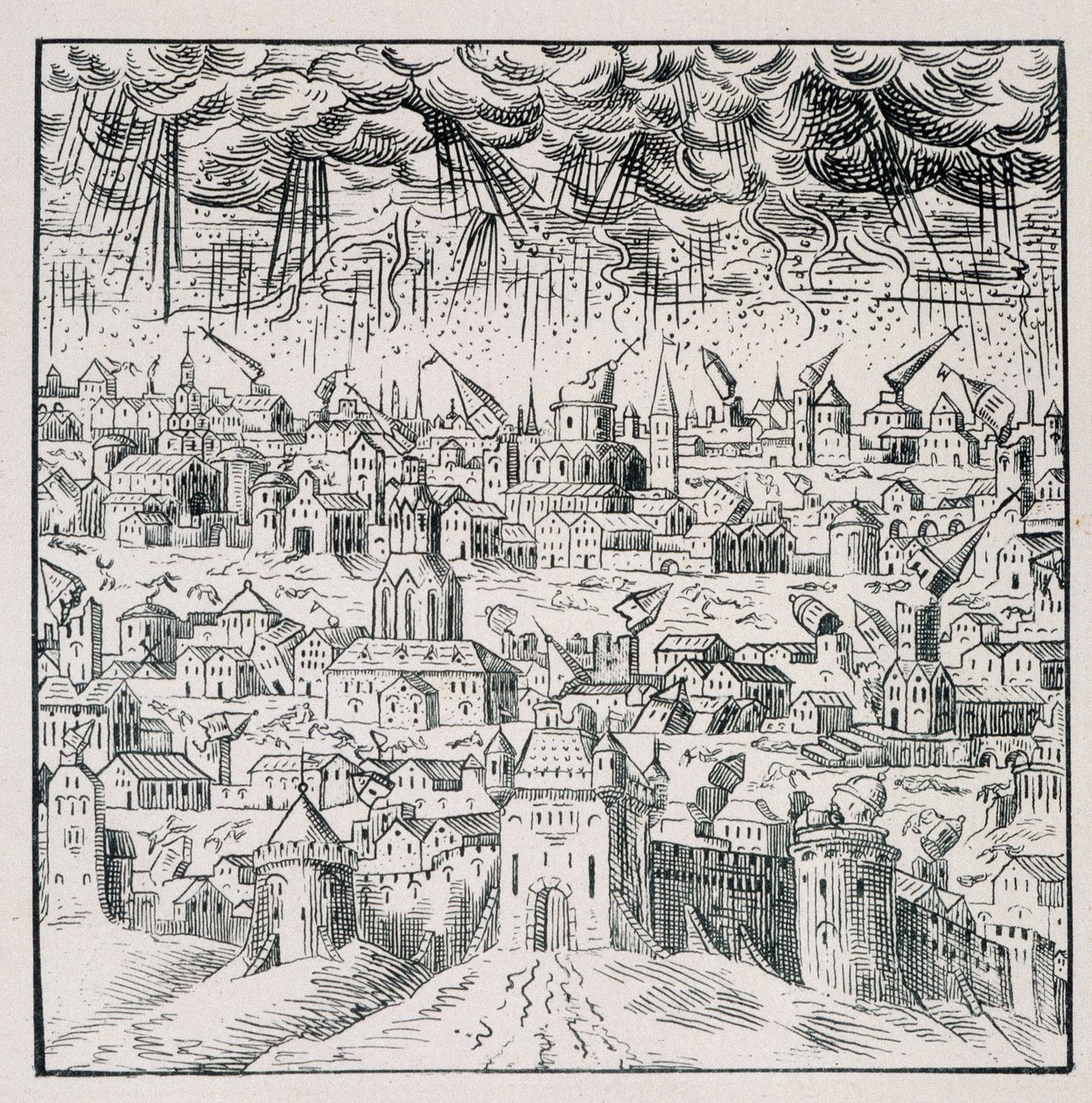 Földrengés Badenben – a „” 39 figurából álló gyűjtemény, amely Franciaország 1562 és 1586 közötti katasztrófáit ábrázolja”; Louis Perrin nyomtatás alkotó: Unknown artist