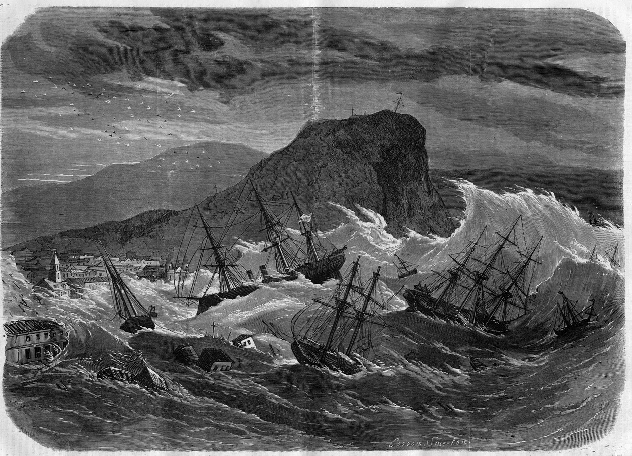 Perui földrengés: Arica városát alámerítő szökőár 1869 szeptemberében – „” Le Journal Illustré” vésése” alkotó: Unknown artist