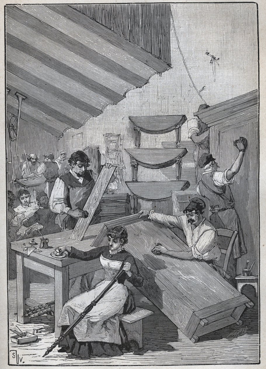 Ebenisterie: bélyeglakkozási műhely. Metszet 1885-ből Adolphe BITARD „Les arts et metiers illustres” című könyvében. alkotó: Unknown artist