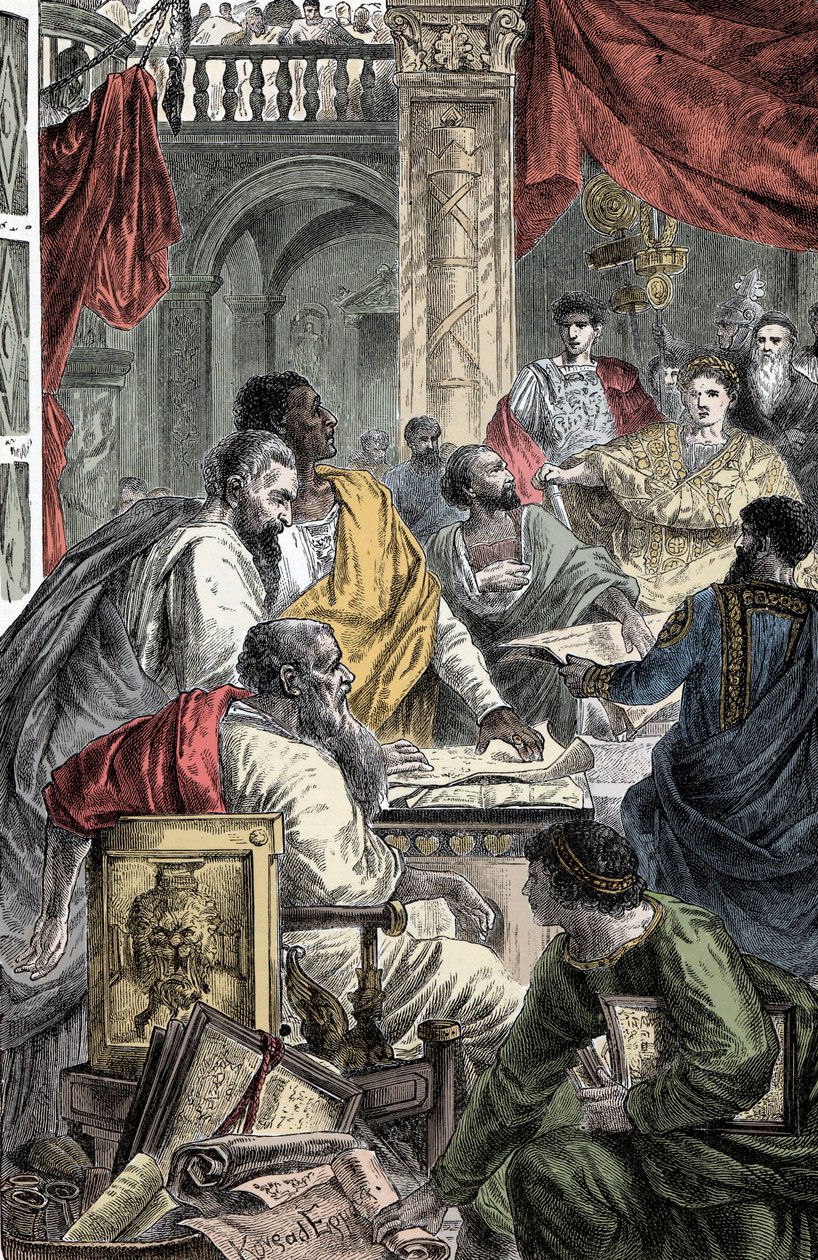 Nizzai Ökumenikus Zsinat – Az Első Niceai Zsinat, az Első Ökumenikus Zsinat képviselete i.sz. 325-ben. JC-t I. Konstantin császár idézte meg. alkotó: Unknown artist