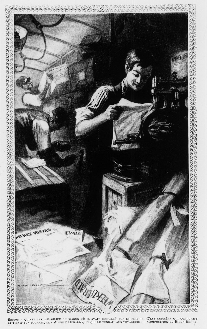 Edison, 15 éves, az autó közepén, ahová a nyomdáját telepítette. Megírta és kinyomtatta újságját, a Weekly Heraldot, és eladta utazóknak. alkotó: Unknown artist