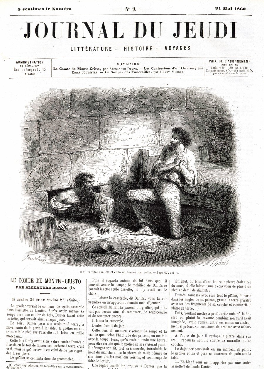 Edmond Dantes, Monte Cristo (Monte Cristo) grófja találkozik Faria abbéval a börtönben lévő üreges alagútnak köszönhetően – az 1860.05.31-i „” Le Journal du Thursdays”-ban alkotó: Unknown artist