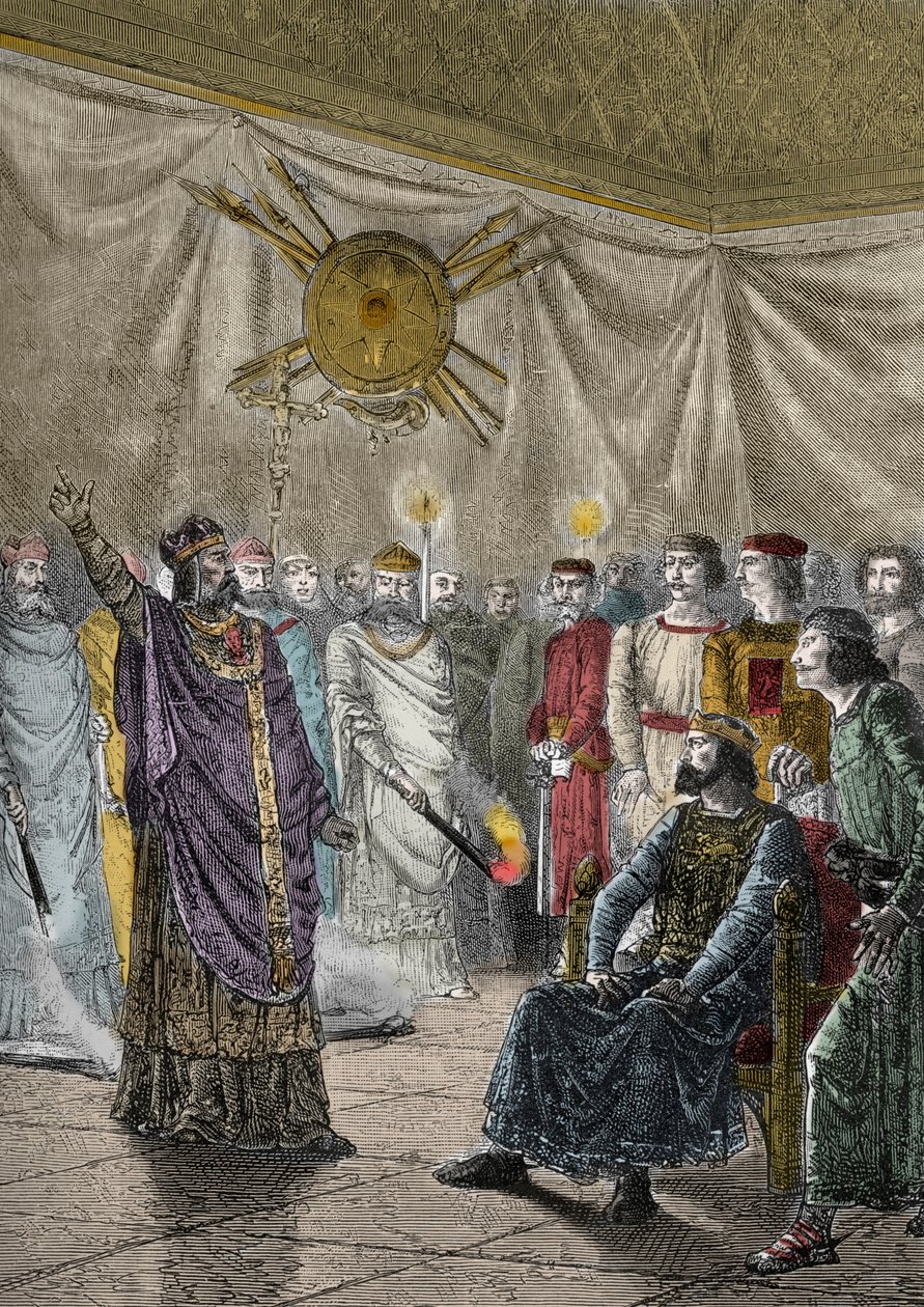 Edmund Rich, Canterbury érseke III. Henrik kiközösítésével fenyegetőzik – Cantorbery Szent Edmond (1170-1242), dit Saint Edme (Edmund Rich) excommunier III. Angleterre, mivel a m alkotó: Unknown artist