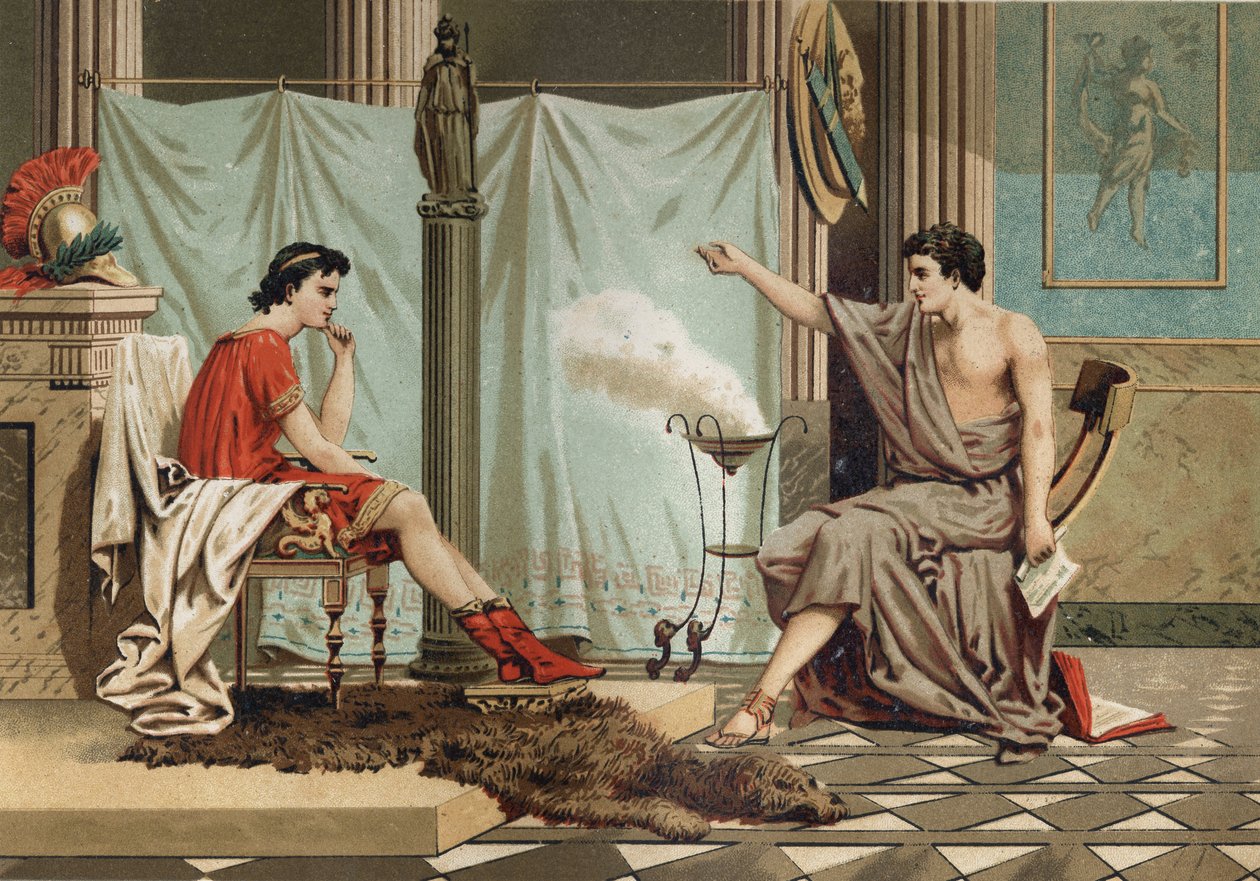Nagy Sándor (Kr. e. 356–323) oktatása Arisztotelész filozófusától (Kr. e. 384–322, Louis Figuier „La Ciencia y sus Hombres” című műve alapján). Barcelona 1881. alkotó: Unknown artist