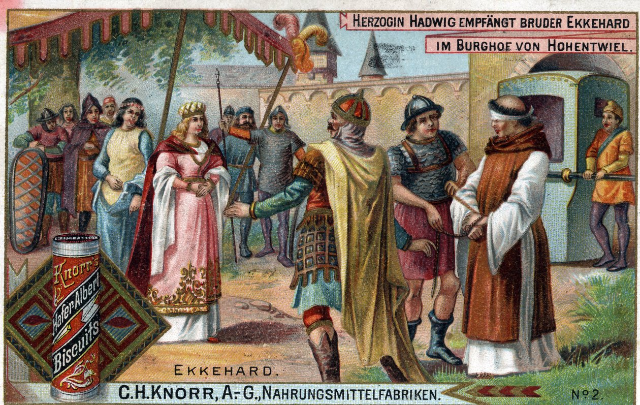 Ekkehard IV. St. Gallen (St. Gallen) vagy Eckhard, Eckhart (980 -1057) művelt és latin költő. Hadwig hercegnő fogadja Ekkehard testvért Hohentwiel kastélyának udvarán. Verso: „” Ekkehard testvér, akit a hercegné a kastélyába bízott alkotó: Unknown artist
