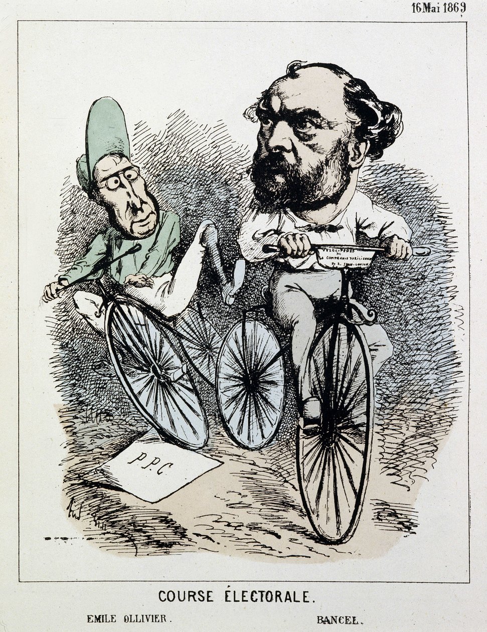 Választási verseny kerékpárért: Emile Ollivier és Bancel alkotó: Unknown artist