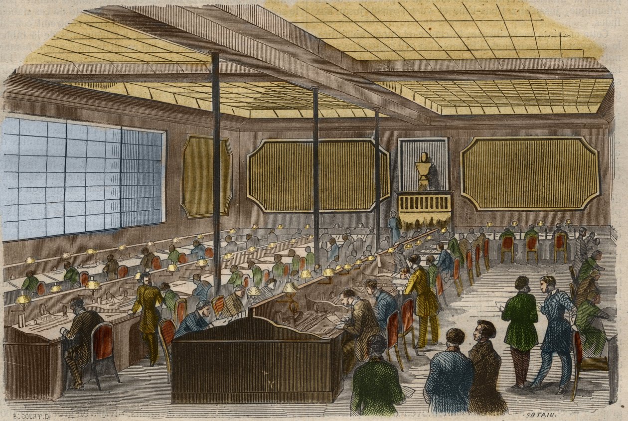 Elektromos távirat: a párizsi francia belügyminisztérium távirati vonalainak központi állomásának képe. Metszet 1856-ból a „Le Musee Des Sciences”-ben alkotó: Unknown artist