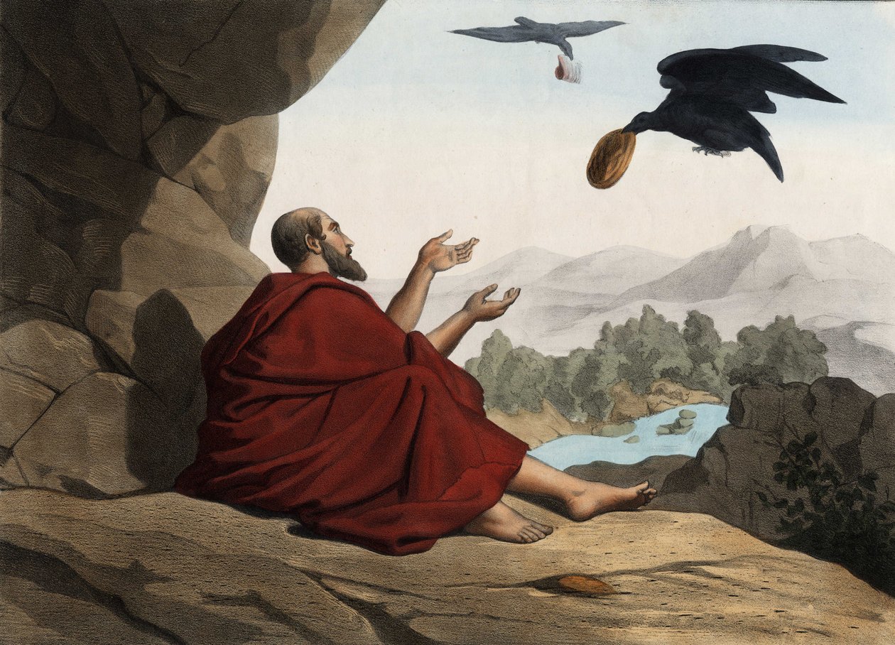 Illést, akit a Kerith patak rejteget, a varjak táplálják. Névtelen metszet a 19. század közepéről. alkotó: Unknown artist