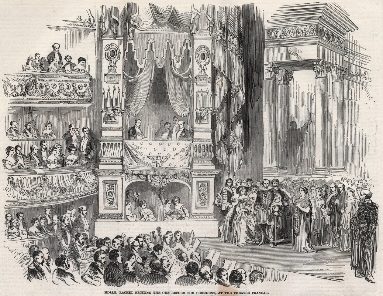 Elisabeth Rachel Felix, Mademoiselle Rachel (1821-1858), francia Tragedienne, III. Napóleon előtt a Theatre Francais-ban 1852-ben – A Második Birodalom kikiáltásának előestéjén Rachel a Theater Francaisban 1852. október 22-én kijelentette: alkotó: Unknown artist