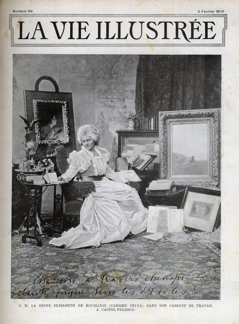 Wiedi Erzsébet román királynő hitvese 1843-1916 - Elisabeth de Wied - Elisabeth Pauline Ottilie Louise de Wied (Carmen Sylva tollaként ismert), Castel Pelesch-i irodájában - az élet borítója 1900-ból alkotó: Unknown artist