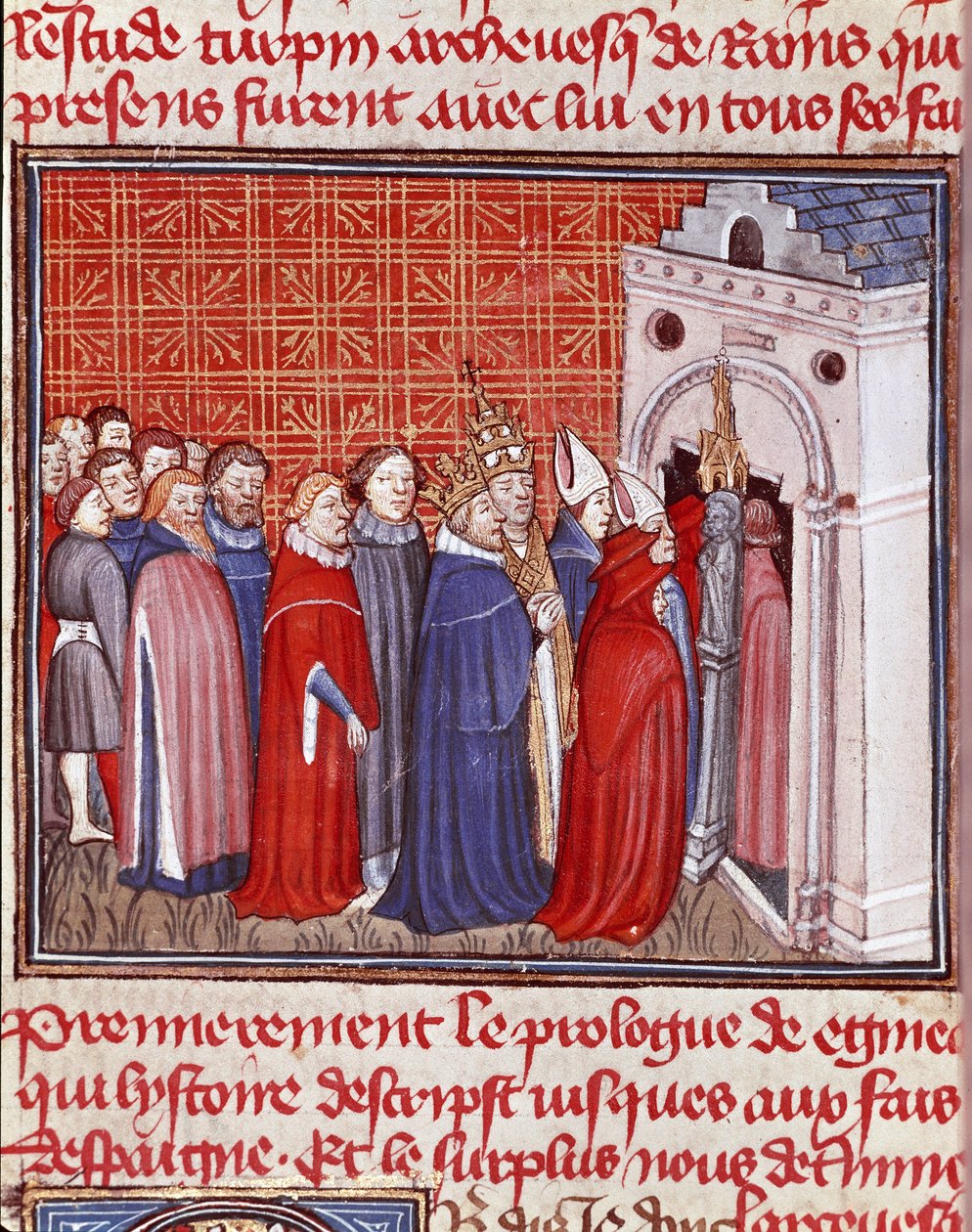 Nagy Károly császár (742-814) bemegy a templomba, majd a „Les grandes Chronicles de France” 15. századi Chantilly miniatűr prelátusai, Musee Conde. alkotó: Unknown artist