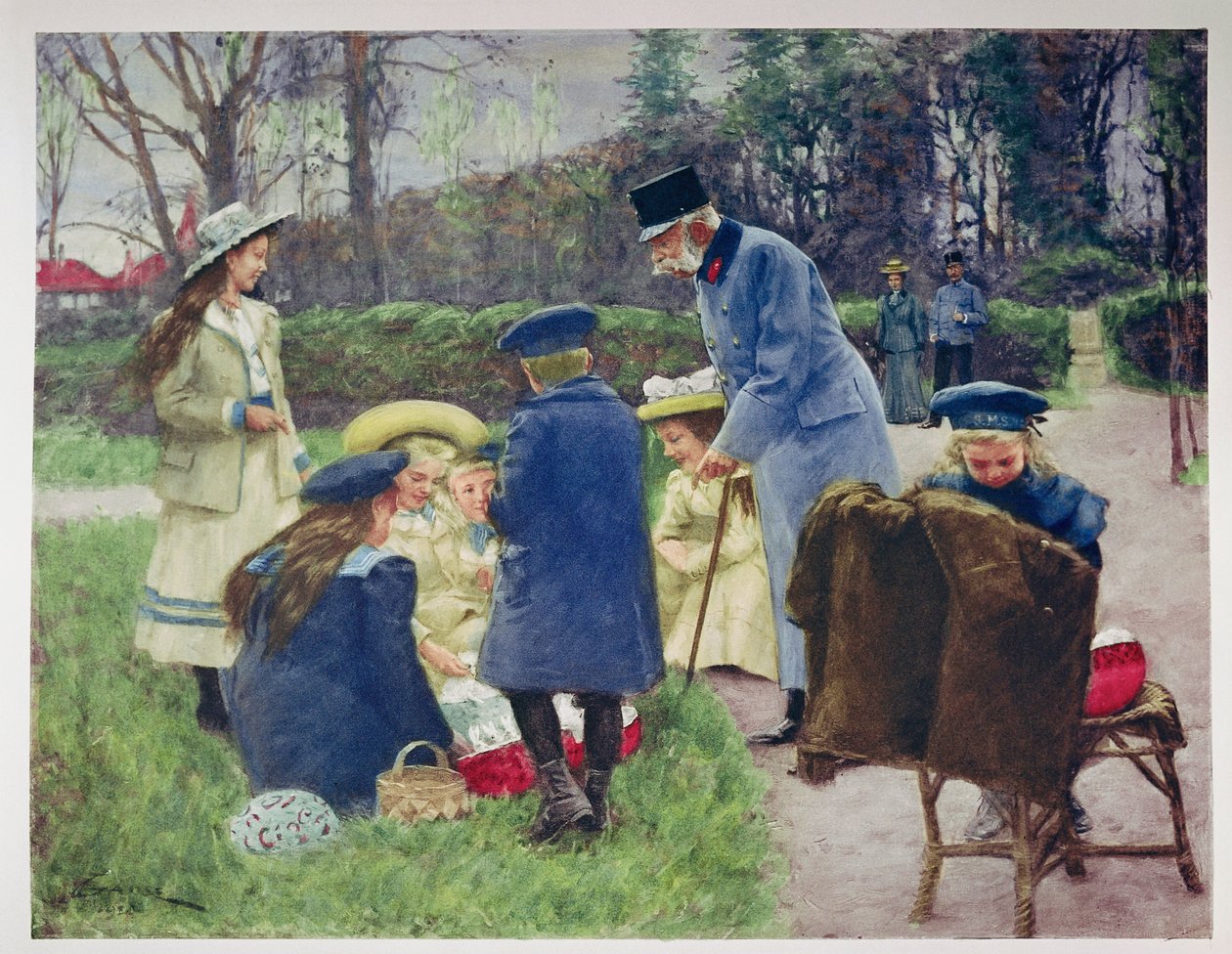 Ferenc József császár figyeli unokáját a felső-ausztriai Ischlben lévő villájának parkjában. alkotó: Unknown artist
