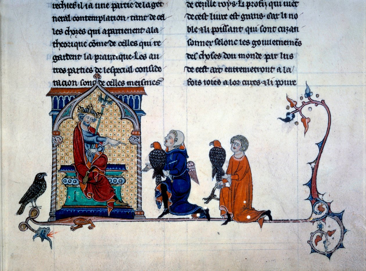 Frigyes császár (1194-1250) miniatűr solymászokat fogadott "A madarakkal való vadászat művészete" c. alkotó: Unknown artist