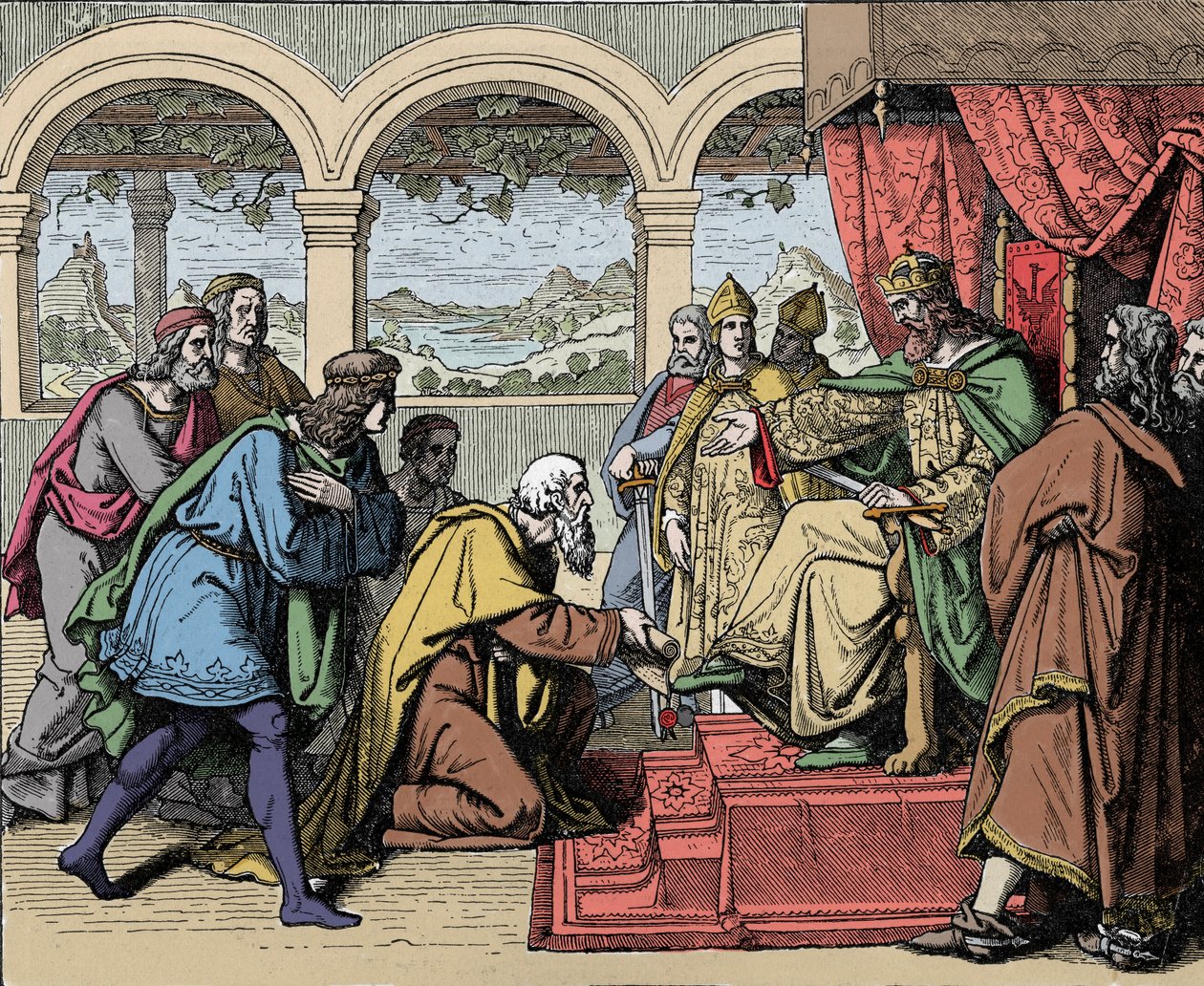 I. Barberossa Frigyes császár (1122-1190) (I. Hohenstaufeni Frigyes) második olaszországi útja során 1158-ban áthalad az Adda folyó mellett, és találkozik Lodi lakosságával, akik könyörögnek neki, hogy szerezze vissza területét (Második olasz hadjárat, Fri alkotó: Unknown artist