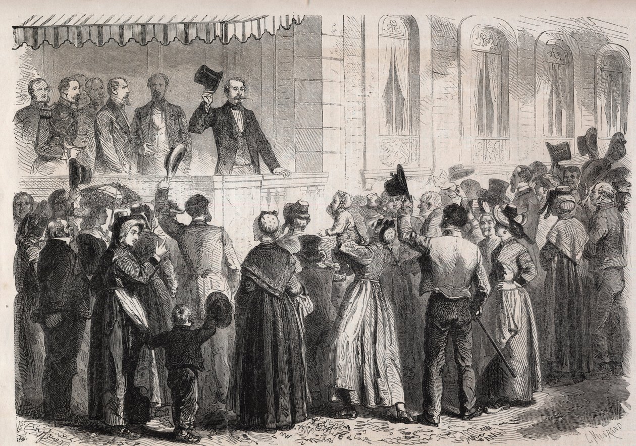 III. Napóleon császár (1808-1873) Strauss a Vichy villájának teraszán, 1861. július 7-én, vasárnap köszöntötte a vidék lakossága - Metszet: „A jeles világ” alkotó: Unknown artist