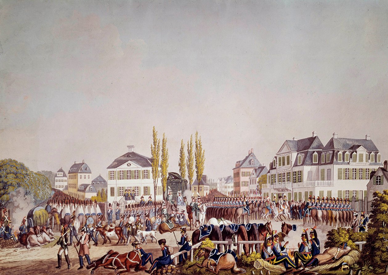I. Napóleon császár (1769-1821) áttekinti a frankfurti csapatokat. Metszet 1813-ból. Frankfurt, Történeti Múzeum alkotó: Unknown artist