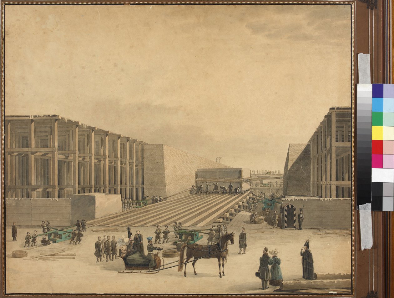 I. Miklós császár meglátogatja a Sándor-oszlop építkezését - Anonymous. Akvarell, papír, 1836 után. Szentpétervári Állami Történeti Múzeum alkotó: Unknown artist