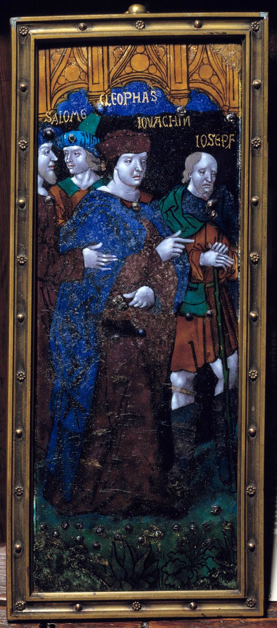 Zománclemez, amely Salome, Cleophas, Joachim és József bibliai szereplőit ábrázolja. E-mail bronzon valószínűleg a 16. századból. Homályos. 0,26x0,11 m. Párizs, Középkori Nemzeti Múzeum, Thermes de Cluny alkotó: Unknown artist