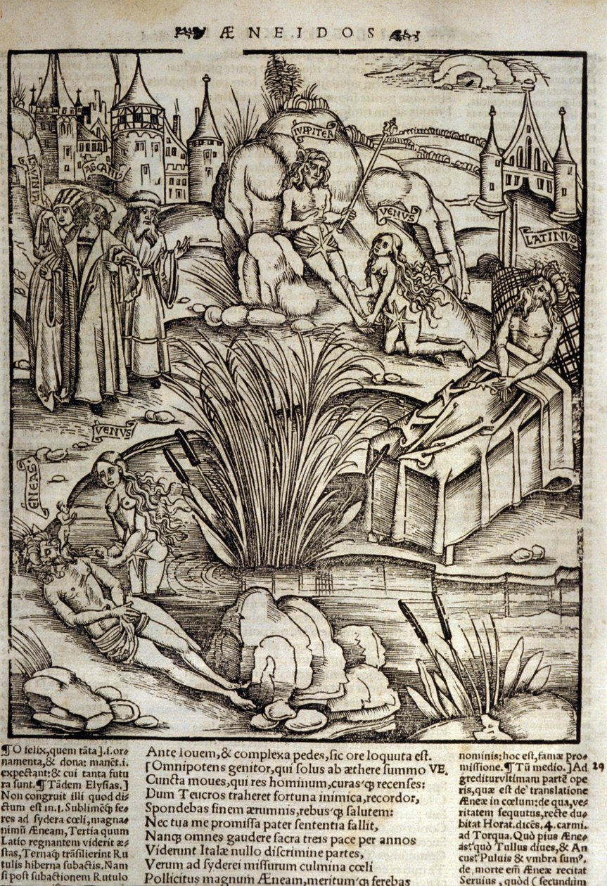 Eneide de Virgil (Kr. e. 70-i. e. 19), XII. könyv, a trójai hőssel Enee-vel csodálatos módon bánik Vénusz, majd úgy döntött, megrohamozza Latinus városát. Lazio királya meghal (jobbra), és Enee lesz az a király, aki a néhai Lavini lányát velős alkotó: Unknown artist