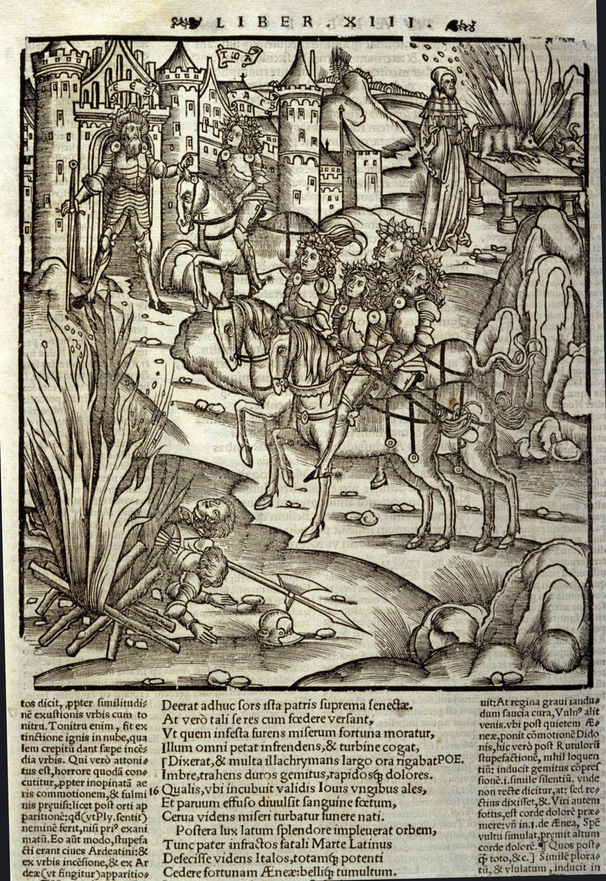 Eneide de Virgil (Kr. e. 70-Kr. e. 19), XIII. könyv (supplementum), a trójai hős Enee fogadja a latinokat, áldozatokat hoznak a háború áldozatainak tiszteletére. Sebastian Brant (1458-1521) xilográfiája. Strasbourg alkotó: Unknown artist
