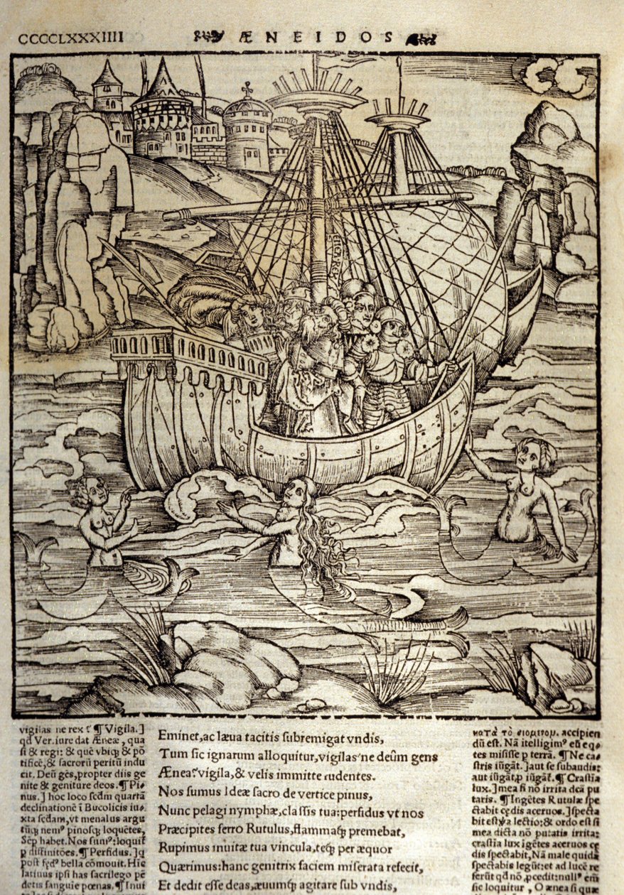 Vergilius Aeneis (Kr. e. 70-i. e. 19), a trójai hős, Enee és társai egy szirénákkal teli tengeren kelnek át. Sebastian Brant (1458-1521) xilográfiája. Strasbourg alkotó: Unknown artist