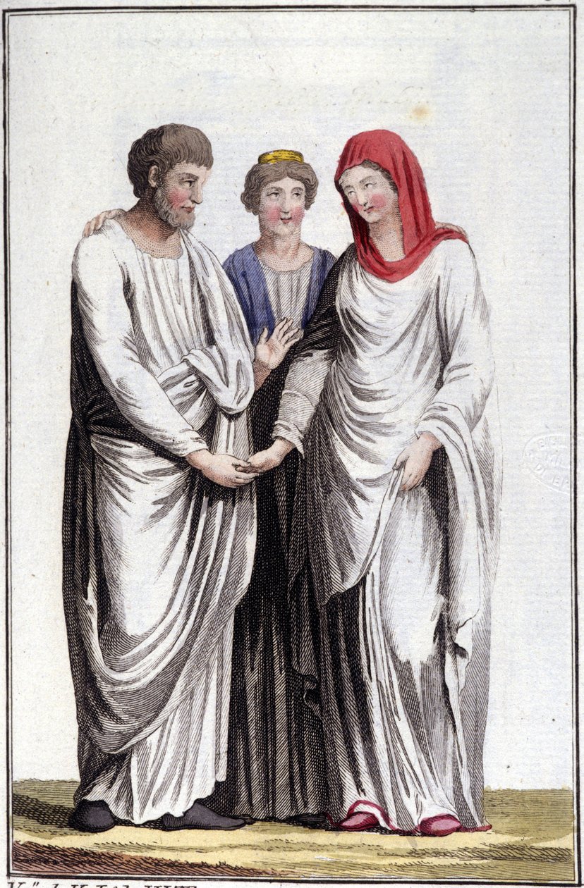 Eljegyzés vagy házassági ígéret: dextrarum iunctio vagy egyenes kezek egyesülése. századi metszet. alkotó: Unknown artist