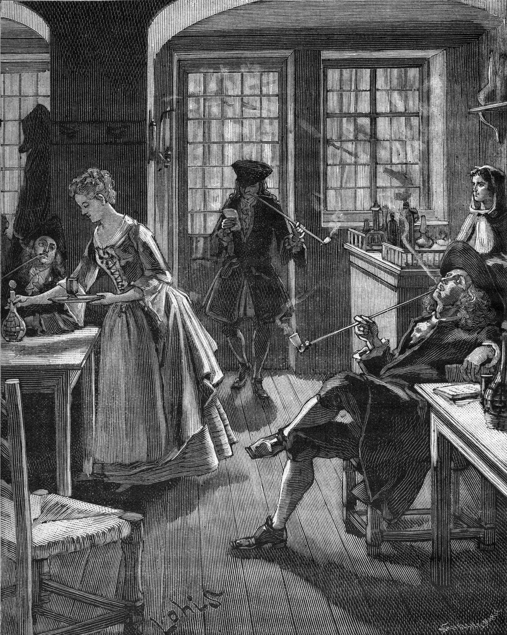 Anglia, 17. század vége: dohányzó férfiak egy kávézóban. századi metszet. Jules Michelet „Histoire de France” című művében alkotó: Unknown artist