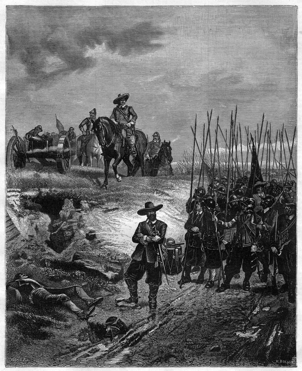 Angol polgárháborúk: Oliver Cromwell (1599-1658) a Marston Moor-i csatában, 1644. július 2. – A parlamenti képviselők legyőzték a királypártiakat Rupert herceg vezetésével. 19. századi metszet – Oliver Cromwell a Marston Moor-i csatában 1644. július 2-án,  alkotó: Unknown artist