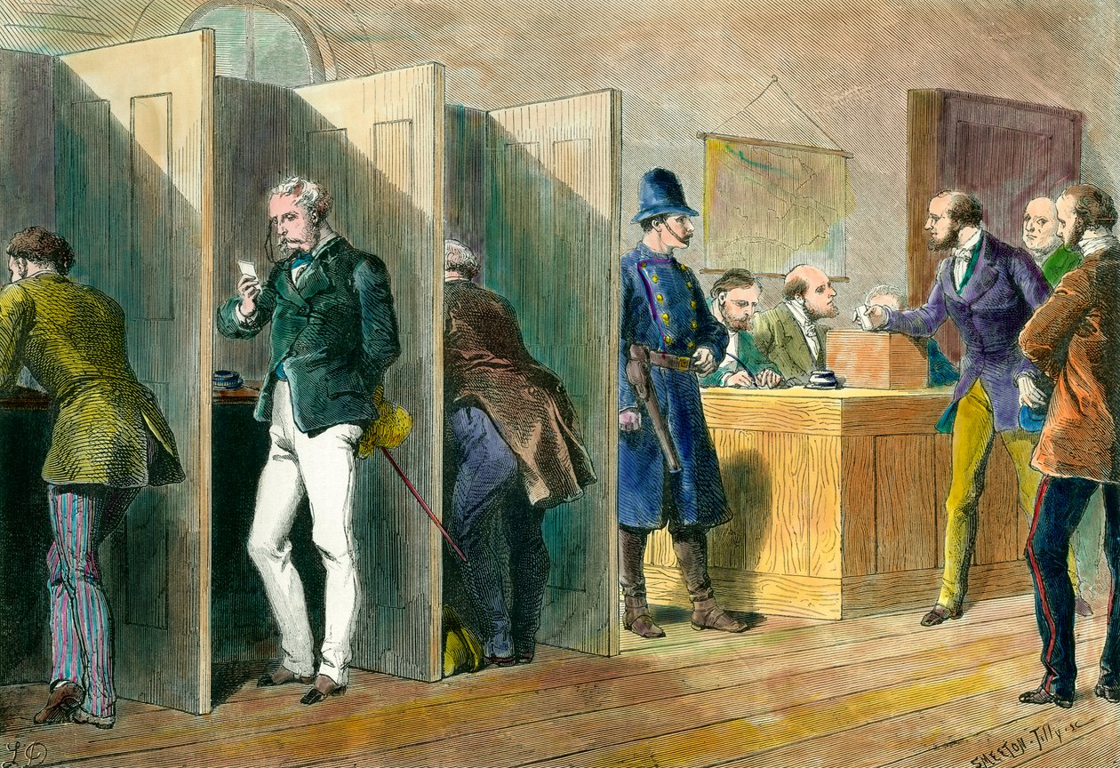 Angol demokrácia: Egy szavazóhelyiségben az angliai választások idején, a szavazófülkék képviseletével. századi metszet. Coll. Ki. alkotó: Unknown artist
